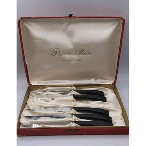 Vintage Pierre Alain 5 Steak Knives Black Handle in Case The Gourmets Choice